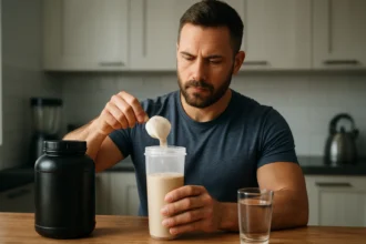 Muž pripravujúci proteínový koktail v kuchyni