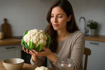 Žena drži čerstvý karfiol v kuchyni, symbol zdravého stravovania.