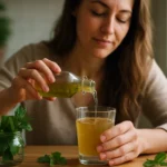 Žena nalieva mätový sirup do nápoja a užíva si osvieženie.