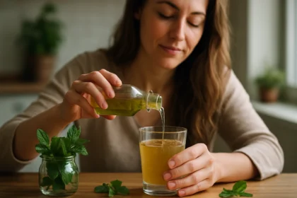 Žena nalieva mätový sirup do nápoja a užíva si osvieženie.