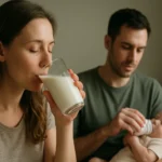 Žena pije mlieko, muž kŕmi dieťa z fľaše - výhody materského mlieka a jeho účinky.