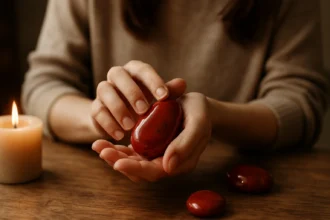 Ženská ruka drží červený jaspis s plameňom sviečky v pozadí.