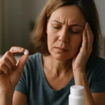 Žena s bolesťou hlavy drží tabletu ibuprofénu v ruke