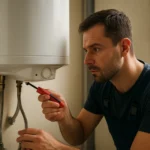 Technik opravuje prietokový elektrický ohrievač vody.