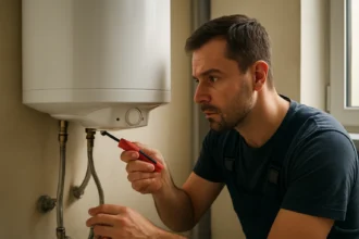 Technik opravuje prietokový elektrický ohrievač vody.