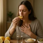 Žena ochutnáva kyslú potravinu, ktorá podporuje zdravie a trávenie.