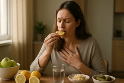 Žena ochutnáva kyslú potravinu, ktorá podporuje zdravie a trávenie.