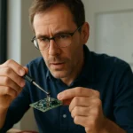 Muž pracuje na elektronickej doske so tranzistorom.