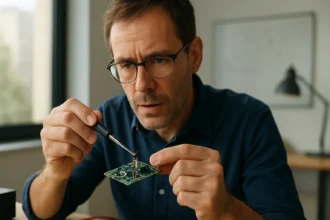 Muž pracuje na elektronickej doske so tranzistorom.