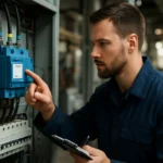 Technik kontroluje 3-fázové FI relé v priemyselnom prostredí.