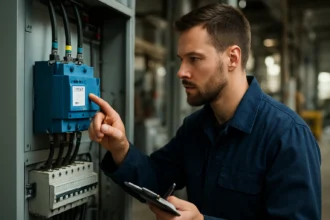 Technik kontroluje 3-fázové FI relé v priemyselnom prostredí.