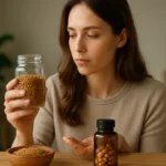 Žena skúma kapsuly a semienka pískavice na stole.