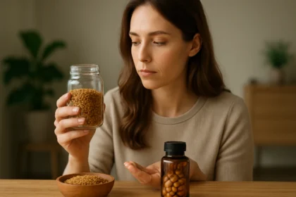 Žena skúma kapsuly a semienka pískavice na stole.