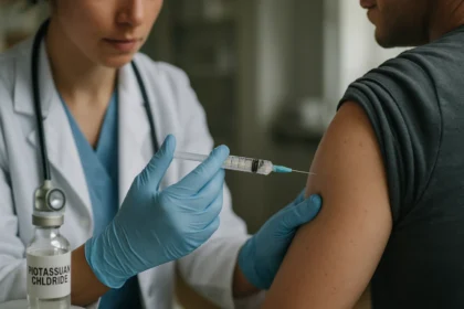 Zdravotnícky odborník podáva injekciu draslíka pacientovi.