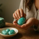 Osoba drží a skúma amazonitové kamene na drevenom stole.