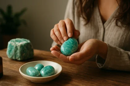Osoba drží a skúma amazonitové kamene na drevenom stole.