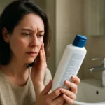 Žena skúma zloženie produktu obsahujúceho SLES v kúpeľni.