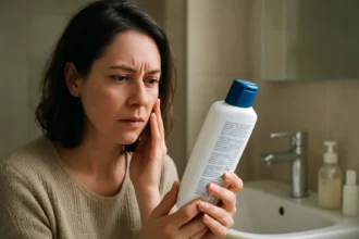 Žena skúma zloženie produktu obsahujúceho SLES v kúpeľni.