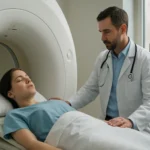 Pacientka podstupujúca MRI vyšetrenie s lekárom.