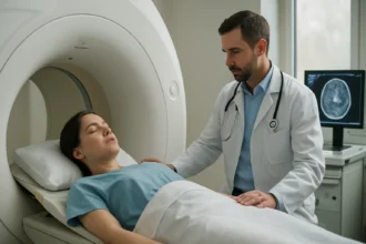 Pacientka podstupujúca MRI vyšetrenie s lekárom.