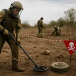 Deminer s detektorom mín na nebezpečnej oblasti
