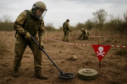 Deminer s detektorom mín na nebezpečnej oblasti