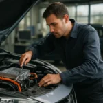 Mechanik kontroluje hybridný pohon auta s elektrickým motorom.