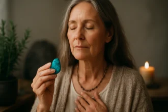 Žena s turkinitom, symbol rovnováhy a spirituálneho uzdravenia.