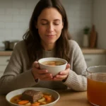 Žena si vychutnáva voňavý mäsový vývar s zeleninou.