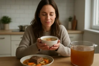 Žena si vychutnáva voňavý mäsový vývar s zeleninou.