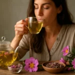 Žena vychutnávajúca čaj z cistu ladanového s bylinkami a jedlom