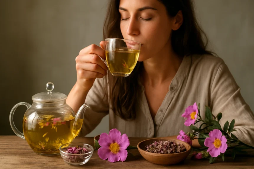 Žena vychutnávajúca čaj z cistu ladanového s bylinkami a jedlom