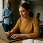 Žena pracujúca na laptopu v modernom kancelárskom prostredí.