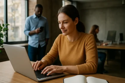 Žena pracujúca na laptopu v modernom kancelárskom prostredí.