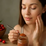 Žena s šípkovým práškom a červenými šípkami, starajúca sa o pleť.