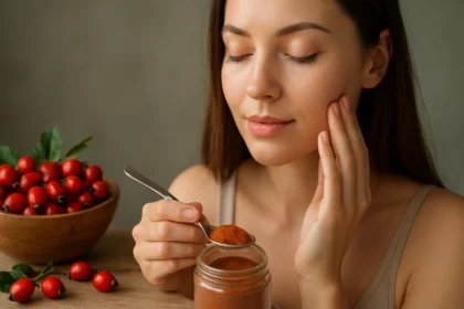 Žena s šípkovým práškom a červenými šípkami, starajúca sa o pleť.