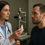 Lékařka podává pacientovi mydriatiká na oftalmologické vyšetření