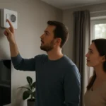 Pár nastavuje automatický vetrací systém v moderne zariadenej domácnosti.