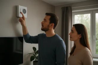 Pár nastavuje automatický vetrací systém v moderne zariadenej domácnosti.