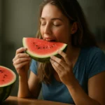 Žena si vychutnáva osviežujúci kúsok melónu.