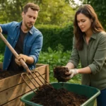 Man and woman composting in a garden, promoting eco-friendly practices.