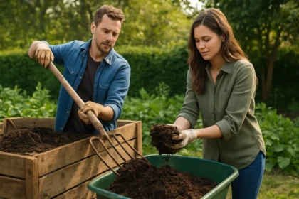 Man and woman composting in a garden, promoting eco-friendly practices.