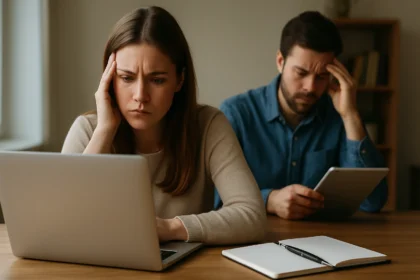 Dve osoby prežívajúce stres pri práci na blogu a technológiach.