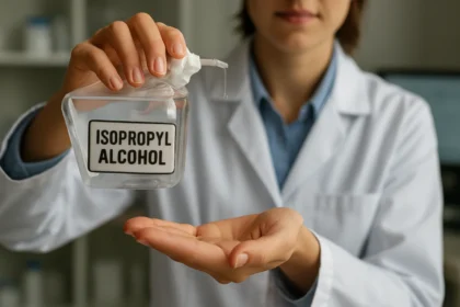 Osoba drží fľašu s izopropylalkoholom pripravenú na použitie