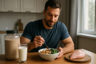 Muž vychutnávajúci si zdravé jedlo s bielkovinami v kuchyni.