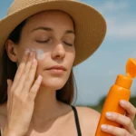 Mladá žena nanáša opaľovací krém na tvár na ochranu pred UV žiarením.