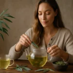 Žena pripravuje eukalyptový čaj s použitím čerstvých lístkov eukalyptu.