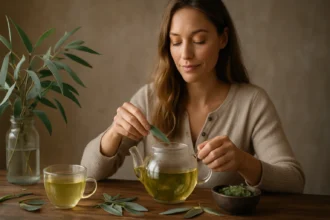 Žena pripravuje eukalyptový čaj s použitím čerstvých lístkov eukalyptu.