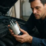 Mechanik kontroluje nový palivový filter pre vozidlo