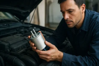 Mechanik kontroluje nový palivový filter pre vozidlo